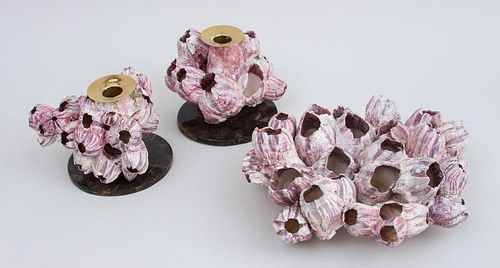 PAIR OF DECORATIVE CLUSTERED SHELL CANDLESTICKS AND A CENTERPIECE
