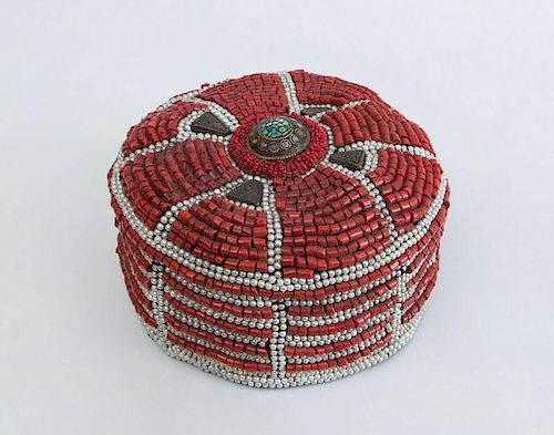 NEPALESE PEARL, TURQUOISE AND CORAL BEAD SKULL CAP