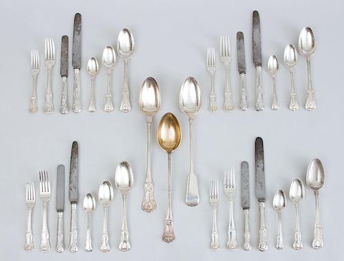 WILLIAM IV CRESTED SILVER SEVENTY-FIVE PIECE ASSEMBLED FLATWARE SERVICE, IN THE KINGS PATTERN
