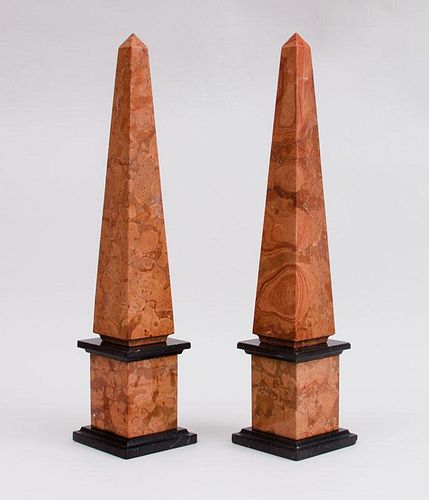PAIR OF NEOCLASSICAL STYLE VEINED PINK AND BLACK MARBLE OBELISKS