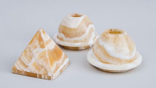 PAIR OF MEXICAN ONYX CANDLE HOLDERS AND DOME COVERS AND A PYRAMID-FORM CANDLE SHADE