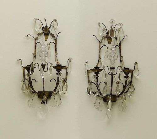 PAIR OF LOUIS XV STYLE GILT-METAL, CUT-GLASS AND ROCK CRYSTAL TWO-LIGHT SCONCES