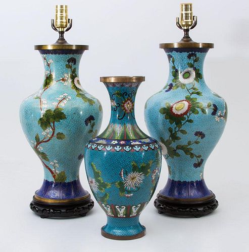 PAIR OF CHINESE SKY BLUE-GROUND CLOISONNÉ BALUSTER-FORM VASE LAMPS, ON HARDWOOD STANDS