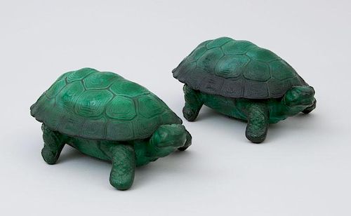 PAIR OF GREEN GLASS TURTLE BOXES