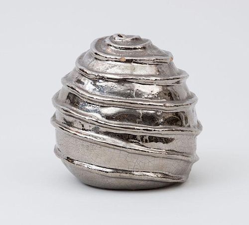 SILVER-GLAZED POTTERY SPIRALED PAPER WEIGHT