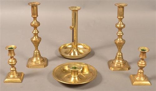 Grouping of Six Antique Brass Candlesticks.