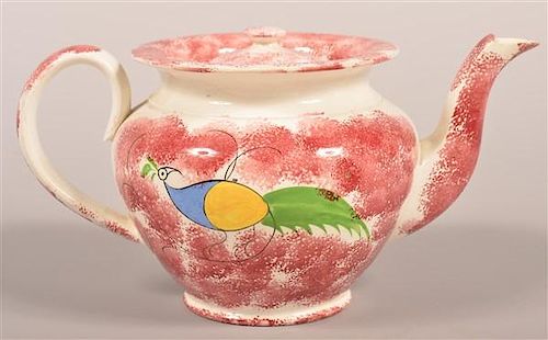 Red Spatter Peafowl Pattern Teapot.