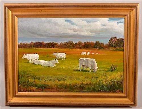 Biff Heins oil on board landscape with cattle.
