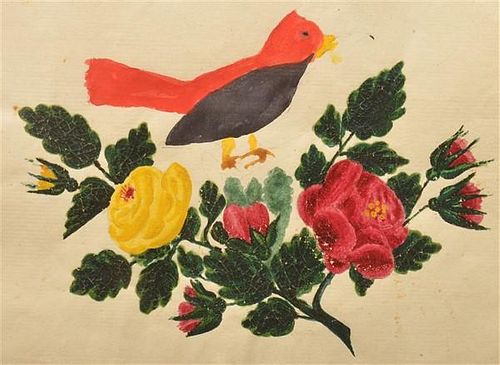 PA 19th Cent. Bird & Floral Watercolor Drawing.