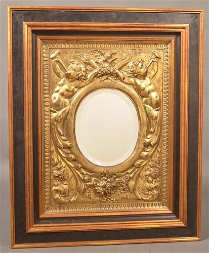 Antique Embossed Brass Framed Mirror.