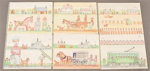 Six Various Jack Savitsky Colored Drawings.