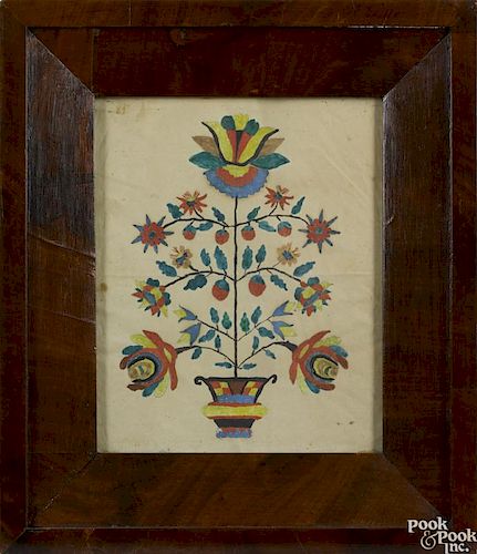 Pennsylvania watercolor fraktur drawing of potted flowers, 19th c., 9 3/4'' x 7 3/4''.
