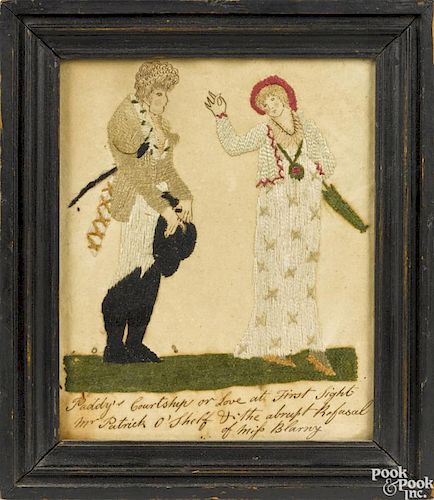 Amusing silk embroidery, early 19th c., depicting Paddy's Courtship or Love at First Sight