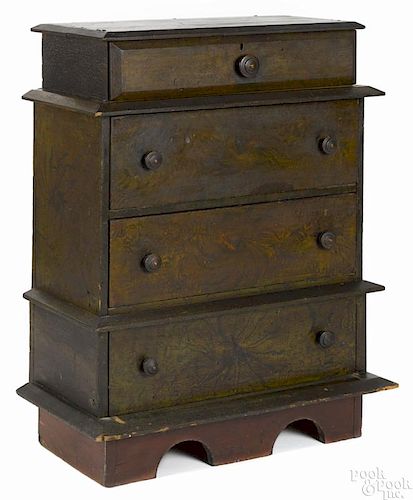 Painted poplar chest, ca. 1840, with four drawers, retaining its original sponge decoration