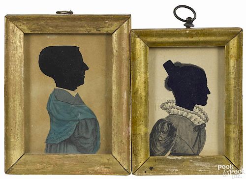 Two New England watercolor and hollowcut silhouettes of women, ca. 1830