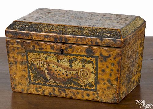 New England painted basswood tea caddy, ca. 1820, retaining its original speckled surface