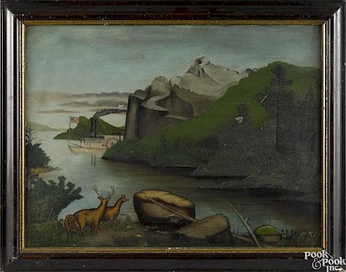 American primitive oil on board river landscape, 19th c., with a side-wheeler steamboat, 18'' x 24''