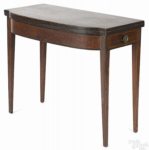 New England painted pine card table, early 19th c., with a single end drawer