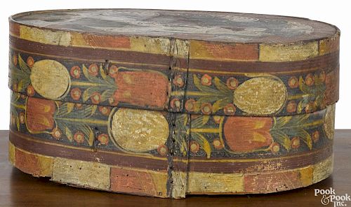 Continental painted bentwood bride's box, early 19th c., decorated with a couple on the lid
