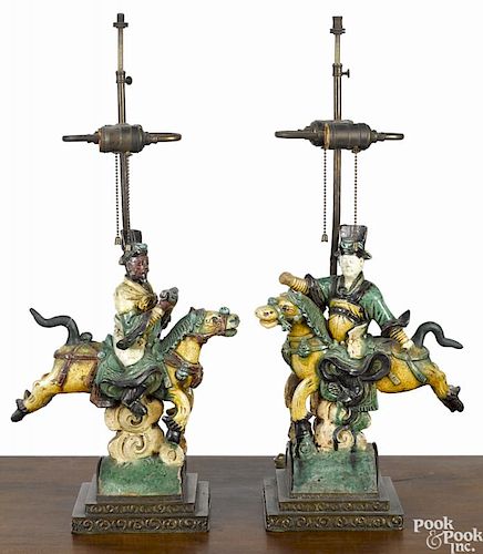Pair of Chinese Qing dynasty Sancai glaze pottery rooftiles, converted to table lamps, 13'' h.