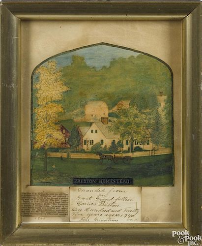 Watercolor and pencil drawing of the Preston Homestead in Willington CT., dated 1865