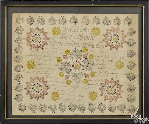 York County, Pennsylvania ink and stencil fraktur birth certificate, dated 1835