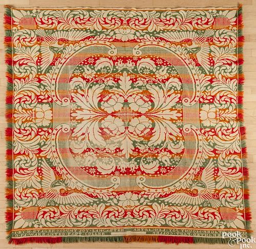 Pennsylvania jacquard coverlet, ca. 1840, inscribed M. By H. Stager Mount Joy Lancaster Co. Pa.
