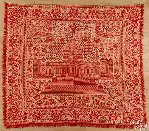 Red and white Centennial Memorial Hall coverlet, 70'' x 77''.