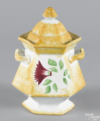 Yellow spatter covered sugar, 19th c., with thistle decoration, 7 3/4'' h.