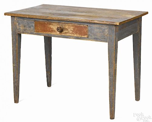Painted pine work table, 19th c., retaining an old scrubbed blue surface, 29 1/2'' h., 38 1/2'' w.