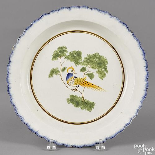 Pearlware blue feather edge charger, 19th c., with peafowl decoration, 12 1/8'' dia.