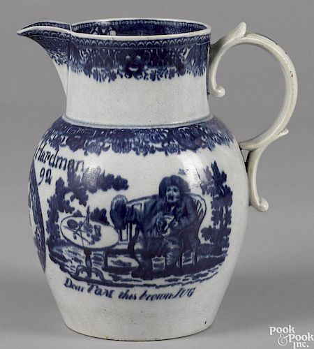 English pearlware pitcher, dated 1792, inscribed Thomas & Ales Hardman Success to all Flowerist