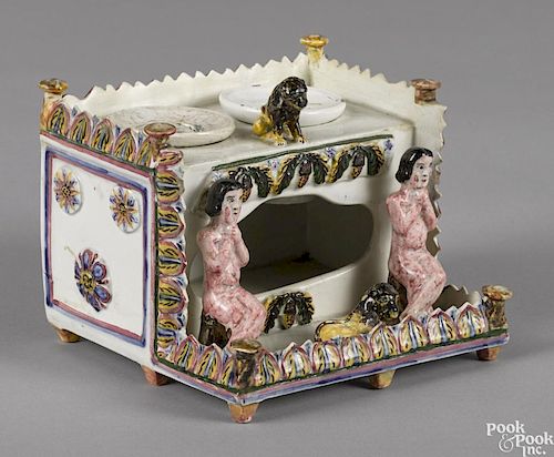 English pearlware figural inkwell, 19th c., with polychrome decoration, 4 1/4'' h., 5 3/4'' w.