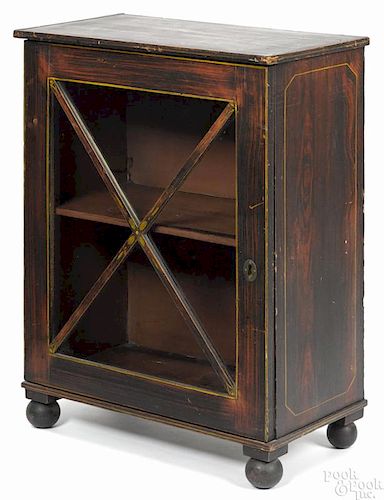 New England painted pine display cabinet, ca. 1830, retaining its original grain decorated surface