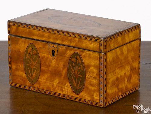 George III satinwood tea caddy, late 18th c., with conch shell and floral inlays