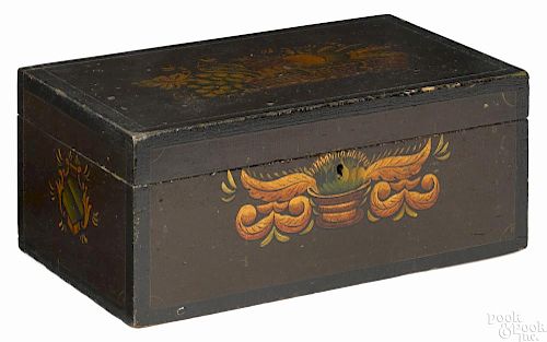 Pennsylvania painted poplar lock box, early 19th c., retaining its original floral decoration