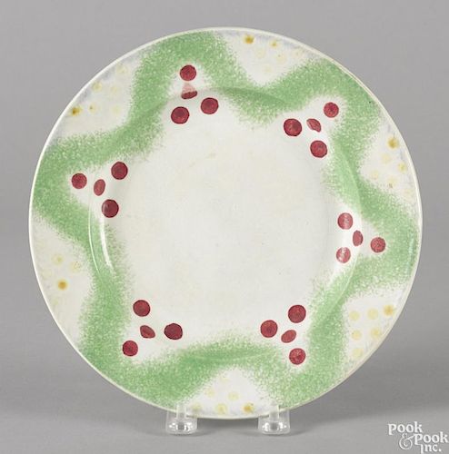 Green spatter festoon plate with yellow and red Christmas balls, 9 1/2'' dia.