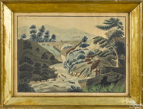 American watercolor primitive landscape, late 19th c., with two frontiersmen before a waterfall