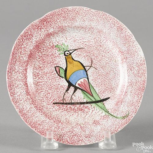 Red spatter toddy plate with peafowl on perch decoration, 4 7/8'' dia.
