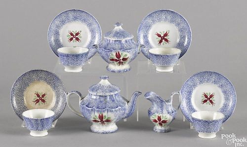 Miniature blue spatter cluster of buds tea service, to include a teapot, 4 1/4'' h.