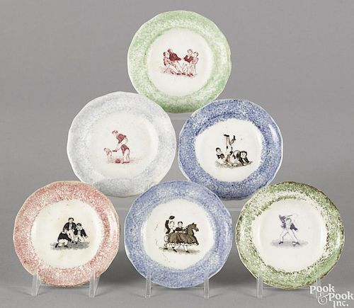 Six spatter cup plates with transfer decoration of children playing, to include three blue