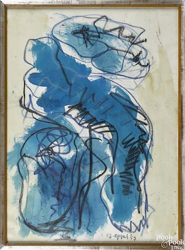 Karel Appel (Dutch/American 1921-2006), mixed media abstract blue figure with black lines, signed