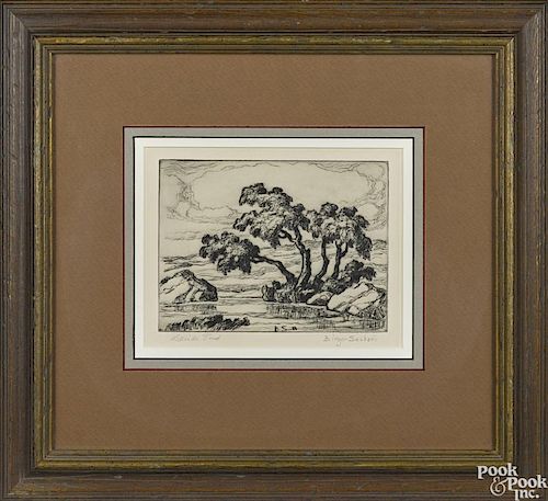 Birger Sandzen (American 1871-1954), etching, titled Hillside Pond, signed in pencil lower right