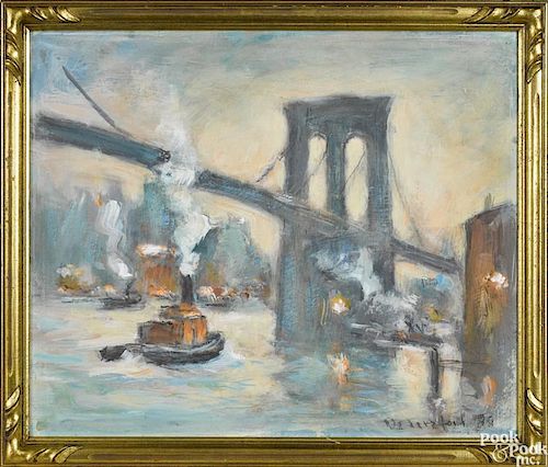 Bela DeTirefort (American 1894-1993), oil on board of the Brooklyn Bridge, signed lower right