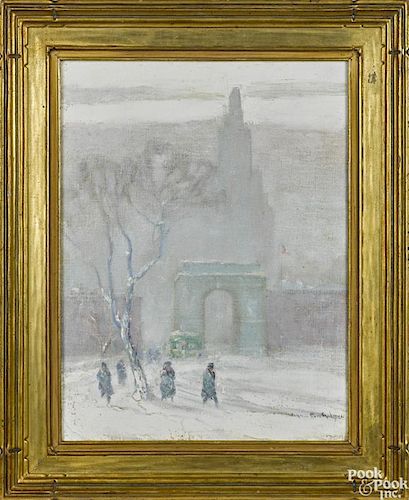 Johann Berthelsen (American 1883-1972), oil on canvas New York winter street scene