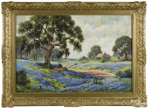 Dollie Nabinger (American 1905-1988), oil on canvas landscape with Texas bluebonnets, signed