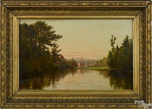 Charles Wilson Knapp (American 1823-1900), oil on board river landscape with a town