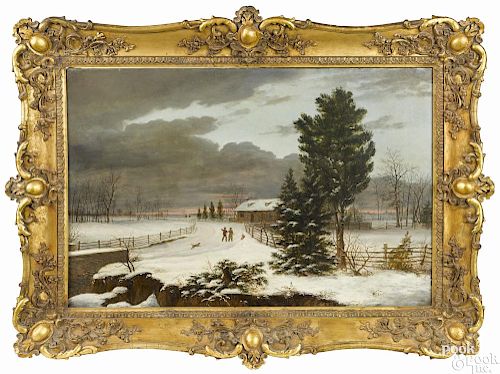 Thomas Birch (American 1779-1851), oil on canvas winter landscape with two figures and a dog