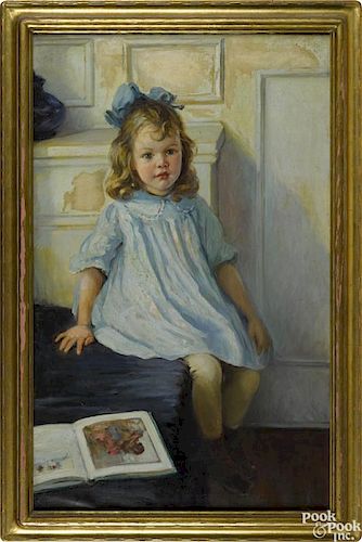 Anna Milo Upjohn (American 1868-1951), oil on canvas portrait of a young girl in a blue dress
