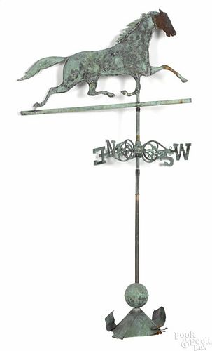 Swell-bodied copper running horse weathervane, 19th c., with directionals